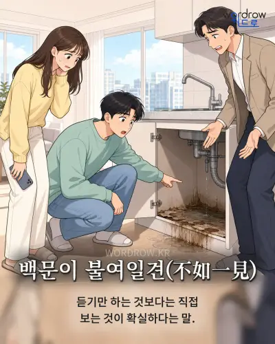 한국어 속담 “백문이 불여일견(不如一見)” 1컷 일러스트