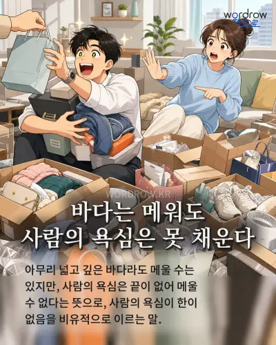 한국어 속담 “바다는 메워도 사람의 욕심은 못 채운다” 1컷 일러스트