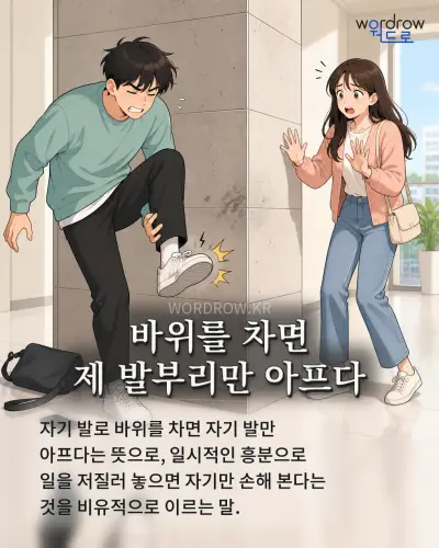 한국어 속담 “바위를 차면 제 발부리만 아프다” 1컷 일러스트