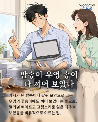 한국어 속담 “밤송이 우엉 송이 다 끼어 보았다” 1컷 일러스트