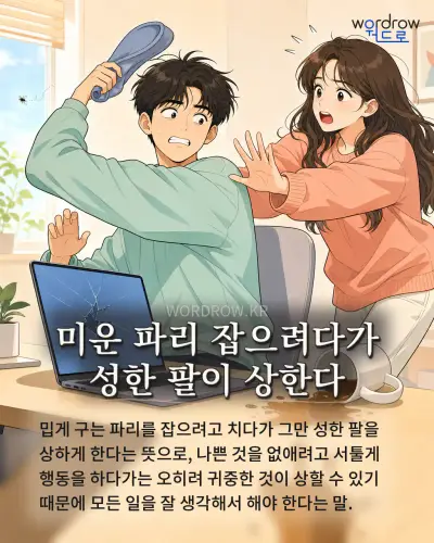 한국어 속담 “미운 파리 잡으려다가 성한 팔이 상한다” 1컷 일러스트