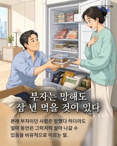 한국어 속담 “부자는 망해도 삼 년 먹을 것이 있다” 1컷 일러스트