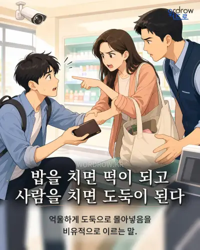 한국어 속담 “밥을 치면 떡이 되고 사람을 치면 도둑이 된다” 1컷 일러스트
