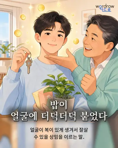 한국어 속담 “밥이 얼굴에 더덕더덕 붙었다” 1컷 일러스트