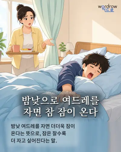 한국어 속담 “밤낮으로 여드레를 자면 참 잠이 온다” 1컷 일러스트