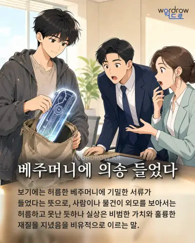 한국어 속담 “베주머니에 의송 들었다” 1컷 일러스트