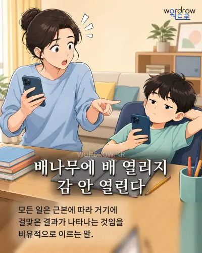 한국어 속담 “배나무에 배 열리지 감 안 열린다” 1컷 일러스트