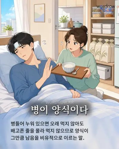 한국어 속담 “병이 양식이다” 1컷 일러스트