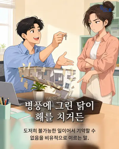 한국어 속담 “병풍에 그린 닭이 홰를 치거든” 1컷 일러스트