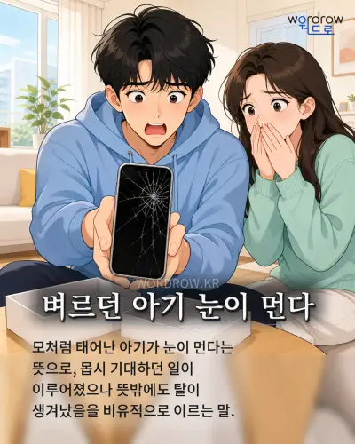 한국어 속담 “벼르던 아기 눈이 먼다” 1컷 일러스트