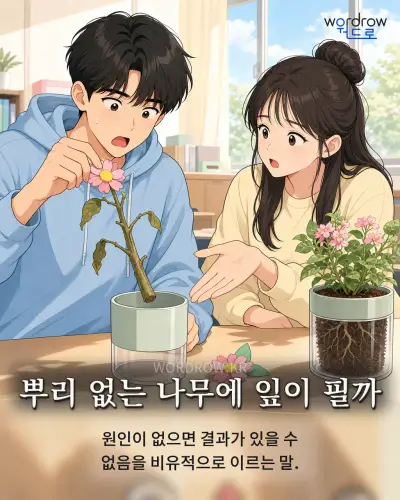 한국어 속담 “뿌리 없는 나무에 잎이 필까” 1컷 일러스트