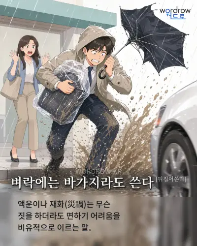 한국어 속담 “벼락에는 바가지라도 쓴다[뒤집어쓴다]” 1컷 일러스트