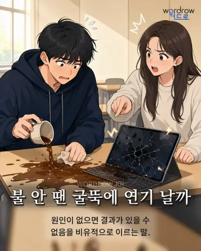 한국어 속담 “불 안 땐 굴뚝에 연기 날까” 1컷 일러스트