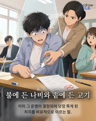 한국어 속담 “불에 든 나비와 솥에 든 고기”를 한 장면으로 담은 1컷 일러스트