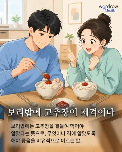 한국어 속담 “보리밥에 고추장이 제격이다” 1컷 일러스트