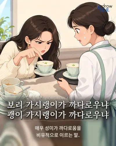 한국어 속담 “보리 가시랭이가 까다로우냐 괭이 가시랭이가 까다로우냐” 1컷 일러스트