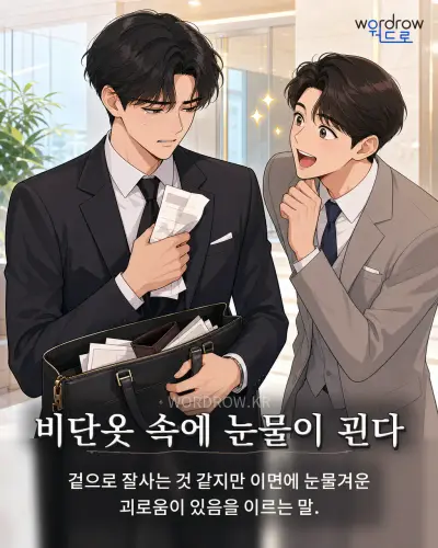 한국어 속담 “비단옷 속에 눈물이 괸다” 1컷 일러스트