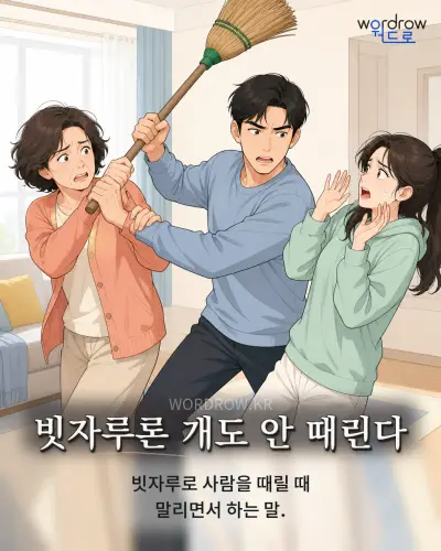 한국어 속담 “빗자루론 개도 안 때린다” 1컷 일러스트