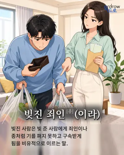 한국어 속담 “빚진 죄인[종](이라)” 1컷 일러스트