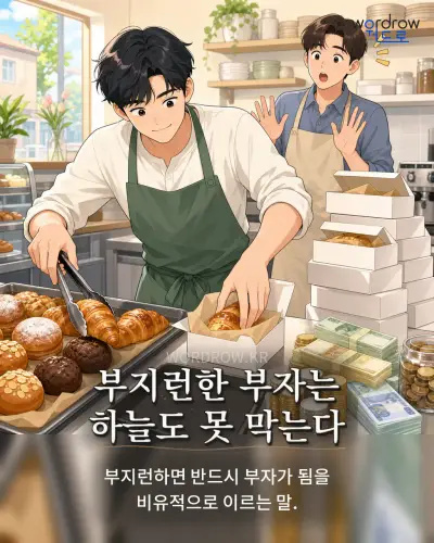 한국어 속담 “부지런한 부자는 하늘도 못 막는다” 1컷 일러스트