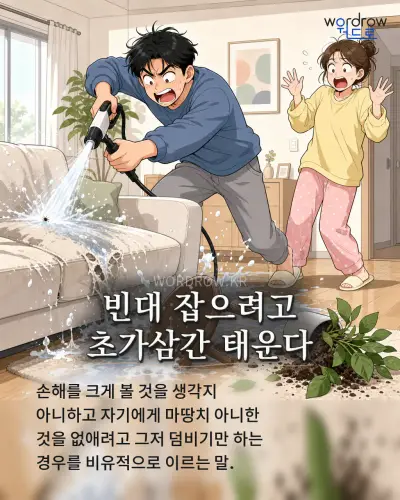 한국어 속담 “빈대 잡으려고 초가삼간 태운다” 1컷 일러스트