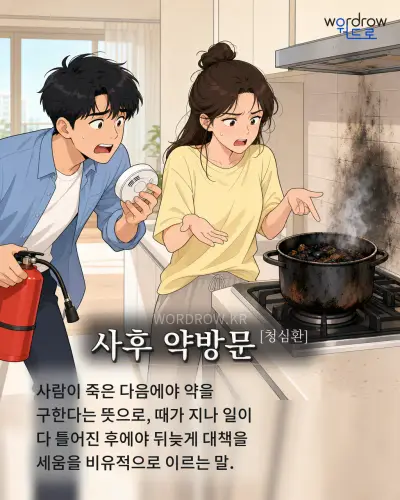 한국어 속담 “사후 약방문[청심환]” 1컷 일러스트