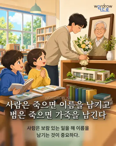 한국어 속담 “사람은 죽으면 이름을 남기고 범은 죽으면 가죽을 남긴다” 1컷 일러스트