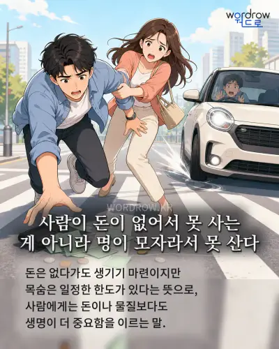 한국어 속담 “사람이 돈이 없어서 못 사는 게 아니라 명이 모자라서 못 산다” 1컷 일러스트