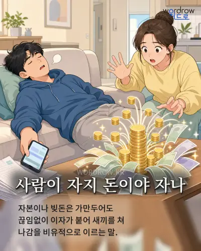 한국어 속담 “사람이 자지 돈이야 자나” 1컷 일러스트