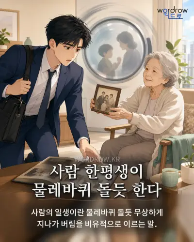 한국어 속담 “사람 한평생이 물레바퀴 돌듯 한다”를 한 장면으로 담은 1컷 일러스트