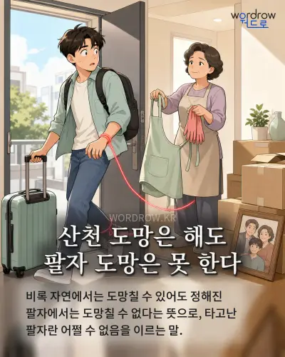 한국어 속담 “산천 도망은 해도 팔자 도망은 못 한다” 1컷 일러스트