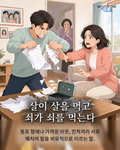 한국어 속담 “살이 살을 먹고 쇠가 쇠를 먹는다” 1컷 일러스트