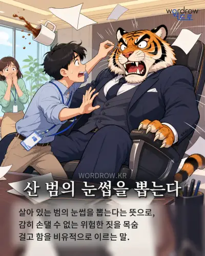 한국어 속담 “산 범의 눈썹을 뽑는다” 1컷 일러스트