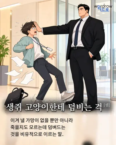 한국어 속담 “생쥐 고양이한테 덤비는 격”를 한 장면으로 담은 1컷 일러스트