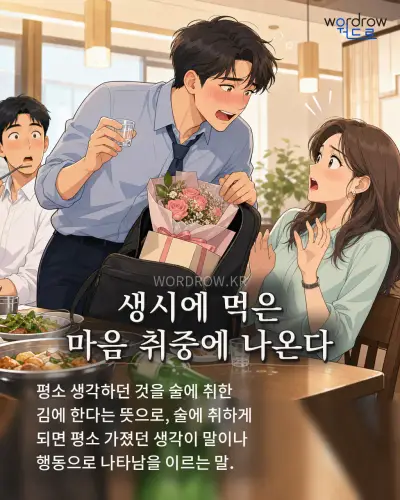 한국어 속담 “생시에 먹은 마음 취중에 나온다” 1컷 일러스트