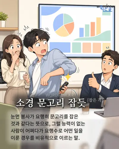 한국어 속담 “소경 문고리 잡듯[잡은 격]” 1컷 일러스트