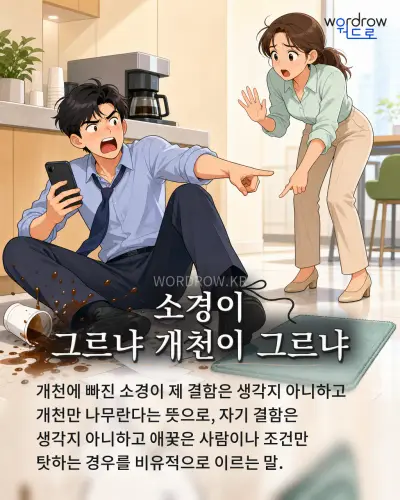 한국어 속담 “소경이 그르냐 개천이 그르냐” 1컷 일러스트