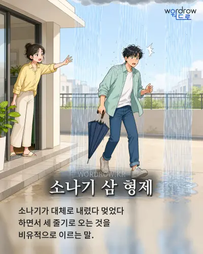 한국어 속담 “소나기 삼 형제”를 한 장면으로 담은 1컷 일러스트