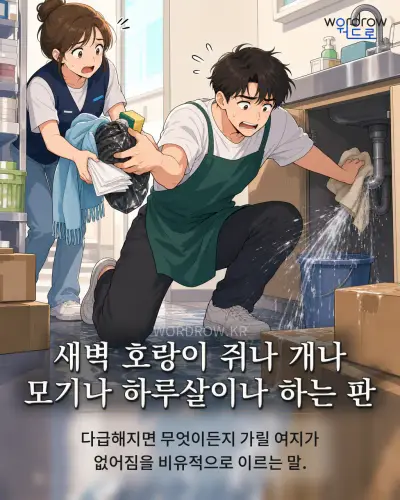 한국어 속담 “새벽 호랑이 쥐나 개나 모기나 하루살이나 하는 판”를 한 장면으로 담은 1컷 일러스트