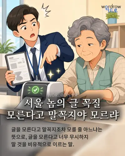 한국어 속담 “서울 놈의 글 꼭질 모른다고 말꼭지야 모르랴” 1컷 일러스트