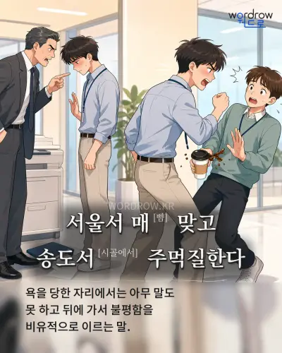 한국어 속담 “서울서 매 맞고 송도서 주먹질한다” 1컷 일러스트