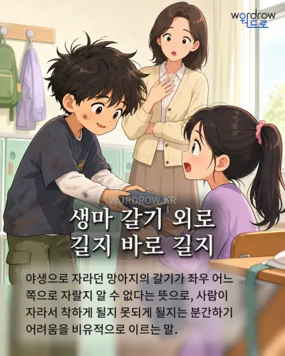 한국어 속담 “생마 갈기 외로 길지 바로 길지”를 한 장면으로 담은 1컷 일러스트