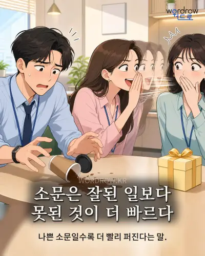 한국어 속담 “소문은 잘된 일보다 못된 것이 더 빠르다” 1컷 일러스트
