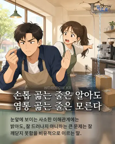 한국어 속담 “손톱 곪는 줄은 알아도 염통 곪는 줄은 모른다” 1컷 일러스트