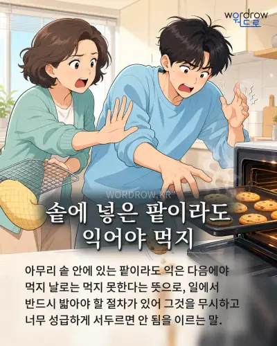 한국어 속담 “솥에 넣은 팥이라도 익어야 먹지”를 한 장면으로 담은 1컷 일러스트