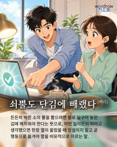 한국어 속담 “쇠뿔도 단김에 빼랬다[빼라]” 1컷 일러스트