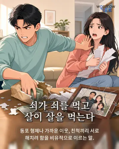 한국어 속담 “쇠가 쇠를 먹고 살이 살을 먹는다” 1컷 일러스트
