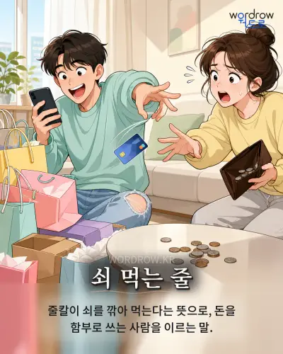 한국어 속담 “쇠 먹는 줄” 1컷 일러스트