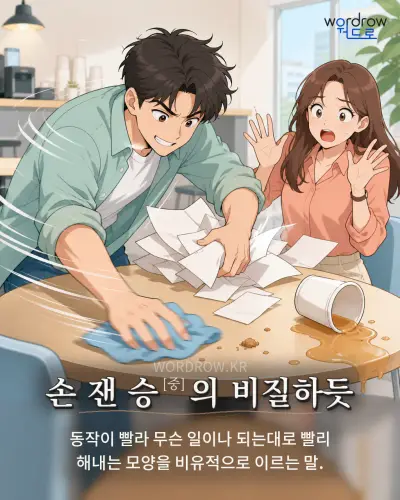 한국어 속담 “손 잰 승의 비질하듯”를 한 장면으로 담은 1컷 일러스트