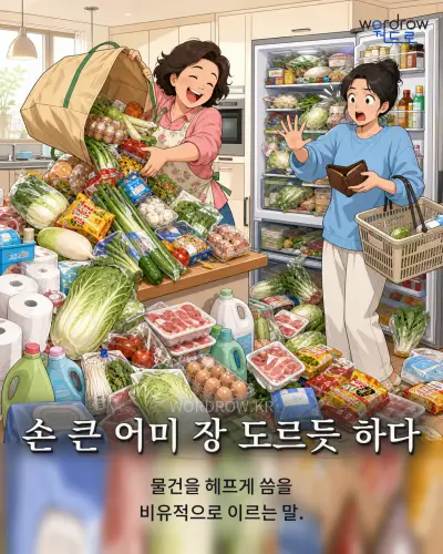 한국어 속담 “손 큰 어미 장 도르듯 하다” 1컷 일러스트